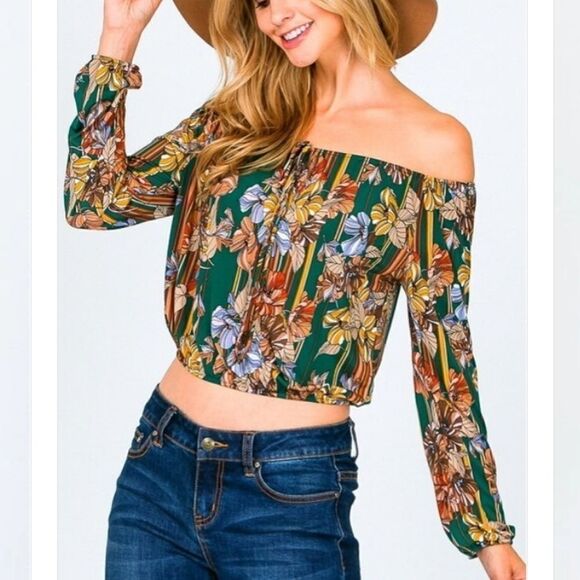 DAY G Off The Shoulder Floral & Stripe Crop Top - Picture 1 of 2